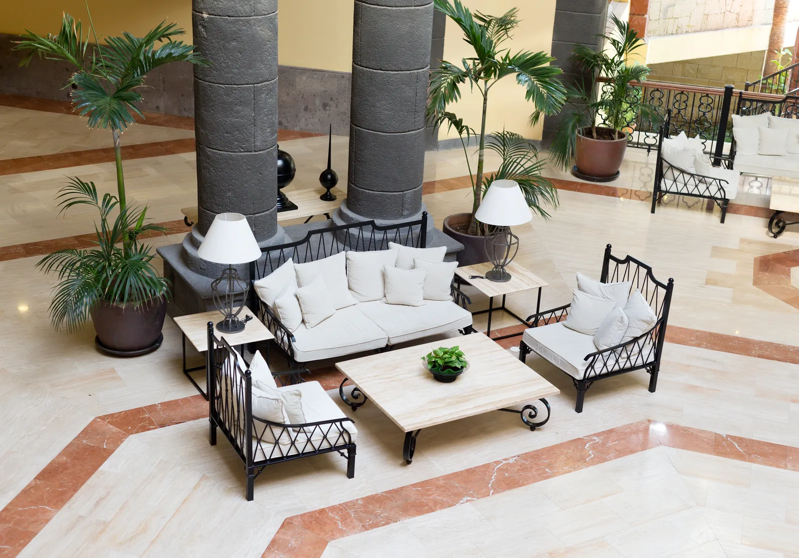Contemporary hotel lounge with sofas and armchairs